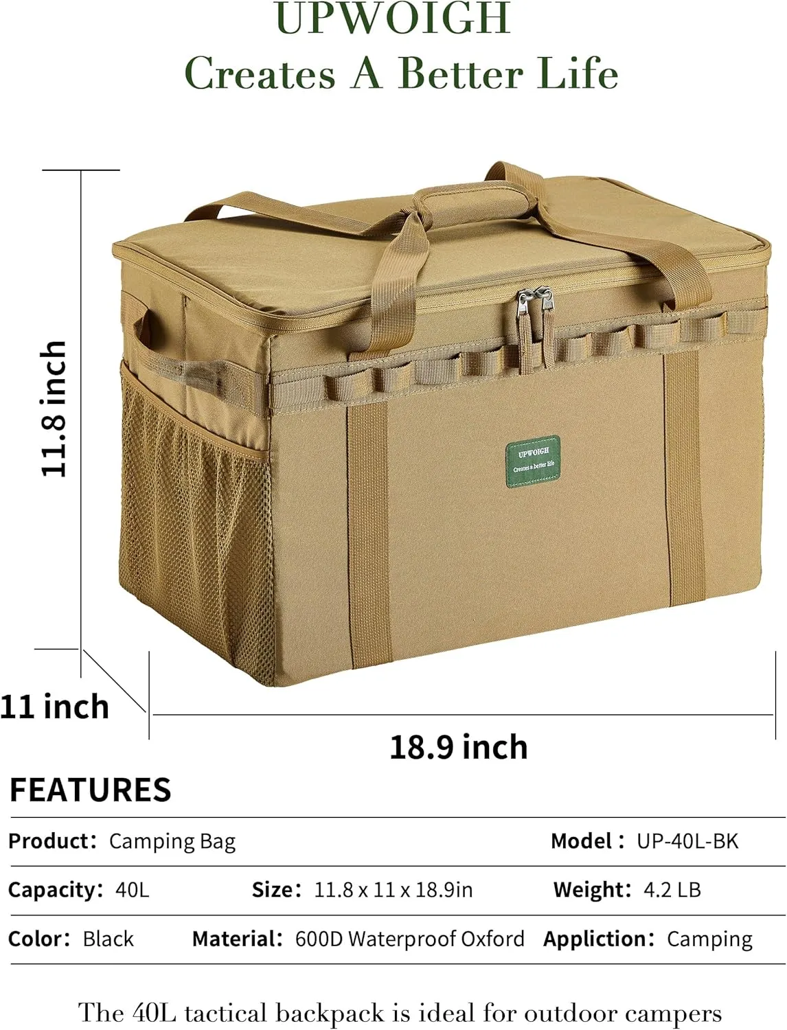 UPWOIGH Tactical Camping Storage Bag 40L – Heavy Duty Duffel with Waterproof Bottom, Collapsible Organizer with 2 Adjustable Dividers, 600D Oxford Fabric, Brown Overlanding Gear