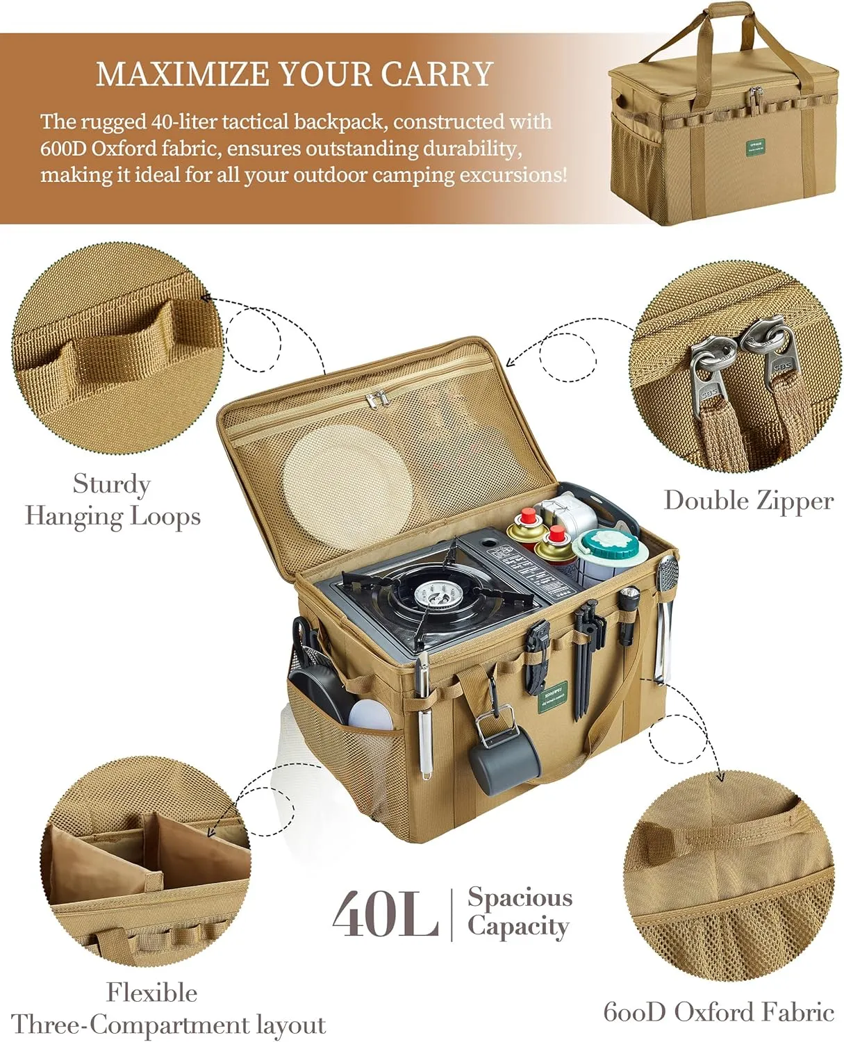 UPWOIGH Tactical Camping Storage Bag 40L – Heavy Duty Duffel with Waterproof Bottom, Collapsible Organizer with 2 Adjustable Dividers, 600D Oxford Fabric, Brown Overlanding Gear