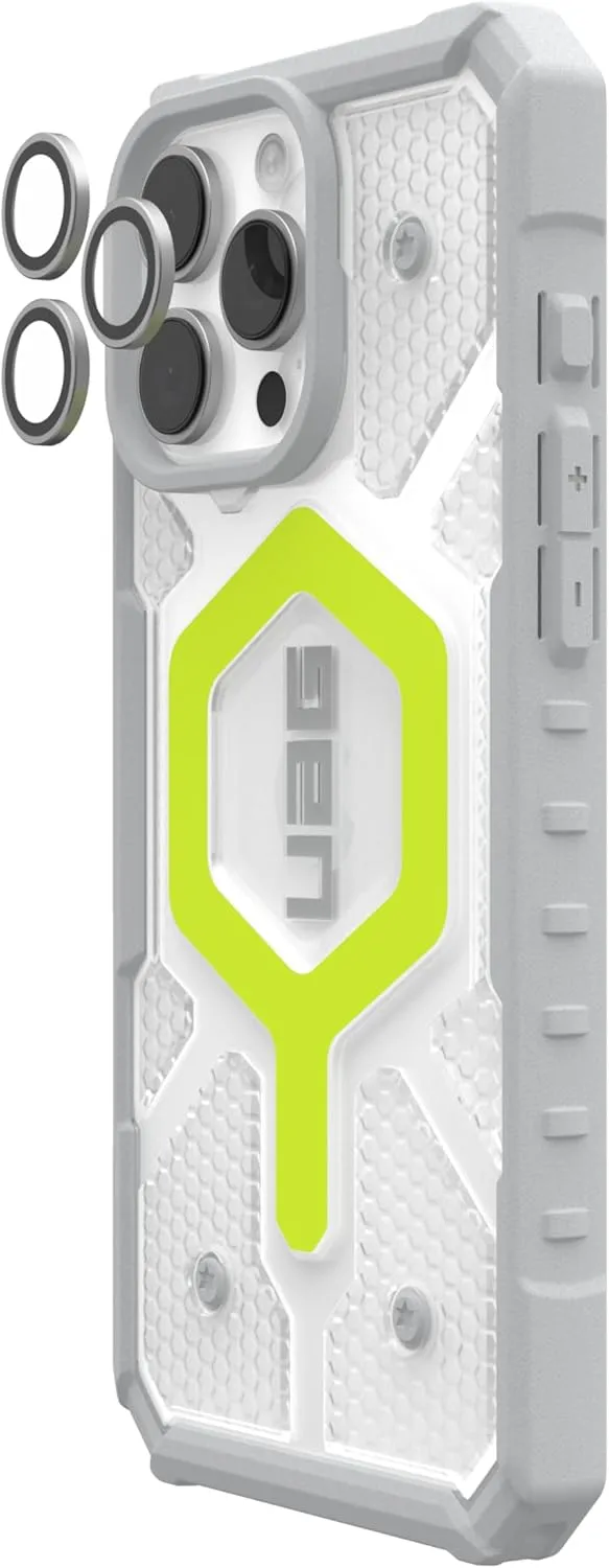 URBAN ARMOR GEAR UAG Designed for iPhone 16 Pro Max Case Pathfinder Clear, Compatible with MagSafe Case Bundle with Lens Shield Camera Protector (Active Neon   Titanium/Clear)
