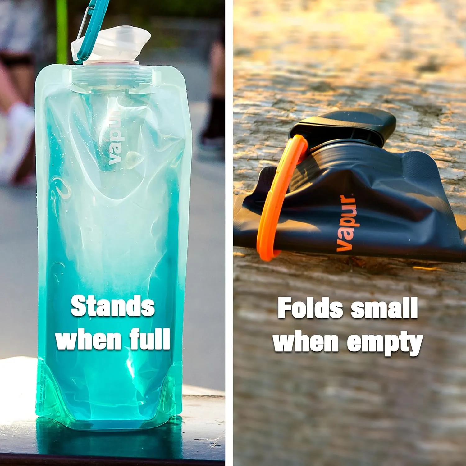 Vapur Collapsible Water Bottle With Carabiner, Compact Bottle Folds Flat For Hydration On The Go, Ideal for Traveling, Hiking or Camping, 16 Ounce, Cyan Blue, Pack of 1