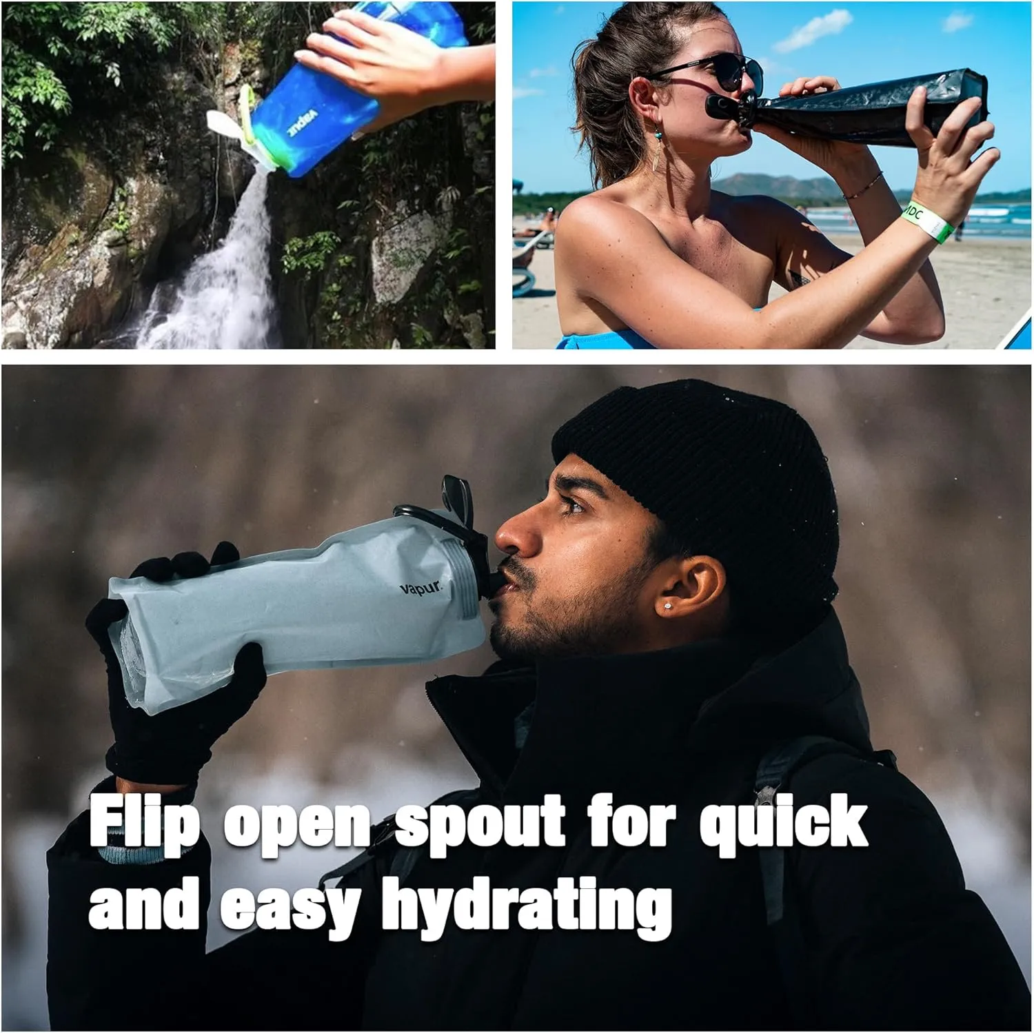 Vapur Collapsible Water Bottle With Carabiner, Compact Bottle Folds Flat For Hydration On The Go, Ideal for Traveling, Hiking or Camping, 16 Ounce, Cyan Blue, Pack of 1