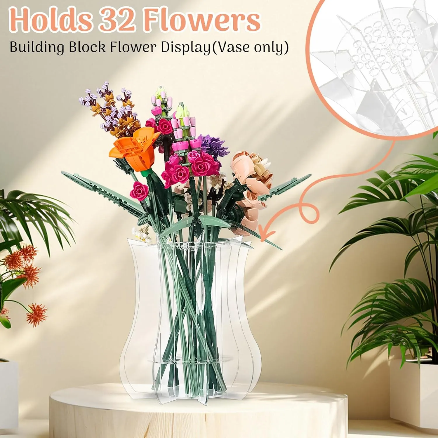Vase Holder fit for Lego Flowers Bouquet - Acrylic Puzzle Vase fit for Lego Botanical Collection Building, Adult Gift Display Stand for Roses Orchid Sunflower (Transparent)
