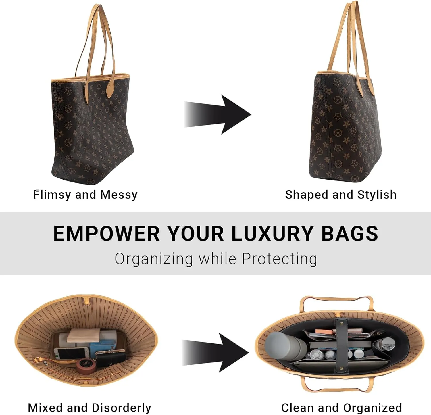 Vegan Leather Tote Bag Organizer Insert,Multi-Pocket Purse Organizers,with 15-Inch Laptop Compatible with LV Neverfull MM、Saint Laurent Tote and More(L)
