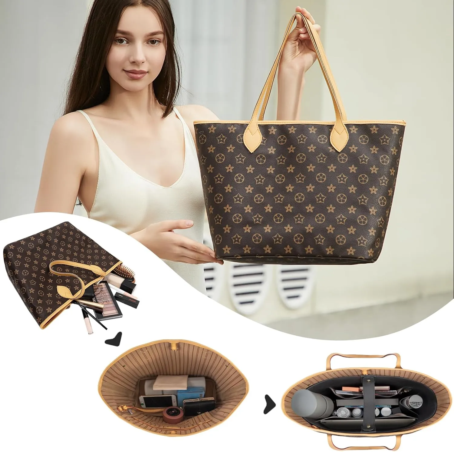 Vegan Leather Tote Bag Organizer Insert,Multi-Pocket Purse Organizers,with 15-Inch Laptop Compatible with LV Neverfull MM、Saint Laurent Tote and More(L)