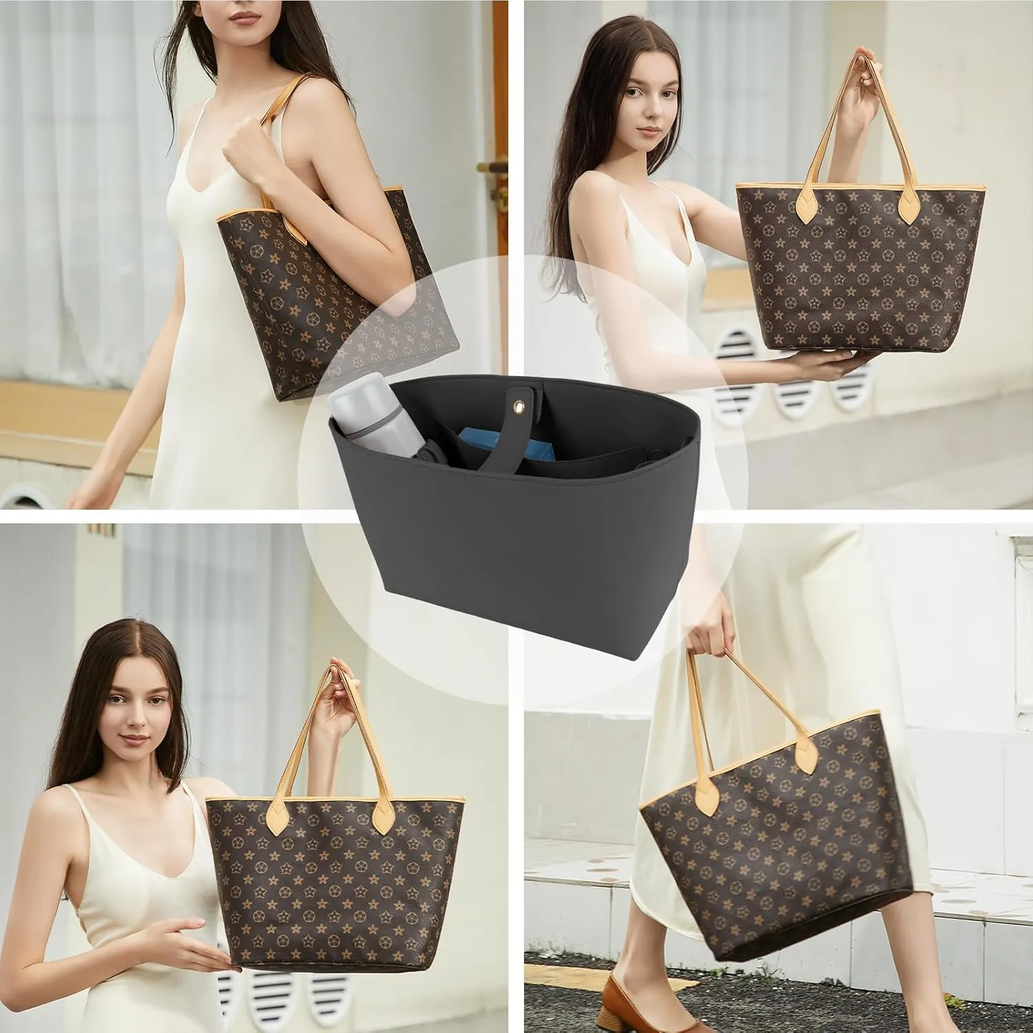 Vegan Leather Tote Bag Organizer Insert,Multi-Pocket Purse Organizers,with 15-Inch Laptop Compatible with LV Neverfull MM、Saint Laurent Tote and More(L)