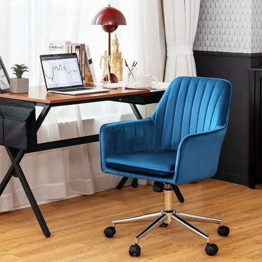 Velvet Accent Office Armchair with Adjustable Swivel and Removable Cushion-Blue