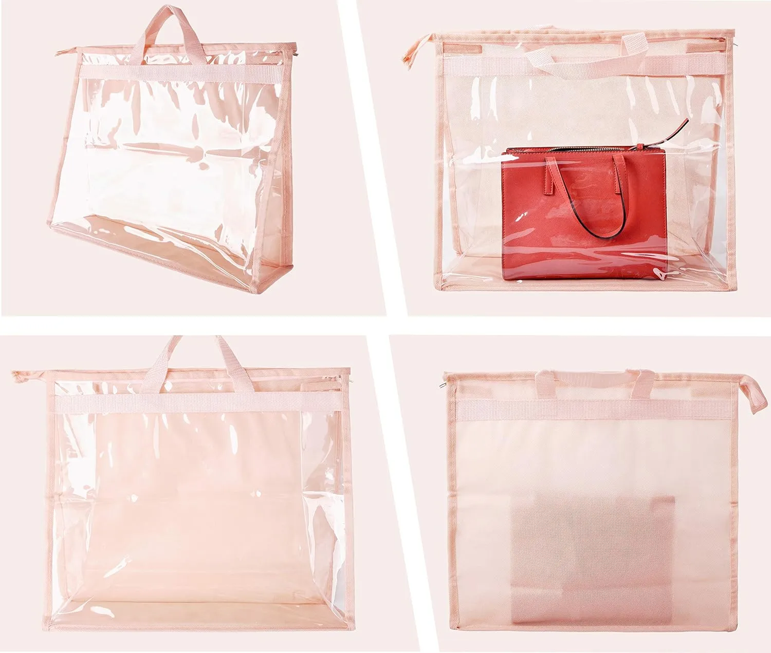 Vercord Clear PVC Handbag Dust-Free Cover Moistureproof Purse Storage Bag Organizer with Handle Zipper Space-Save Holder for Closet Pink XXL