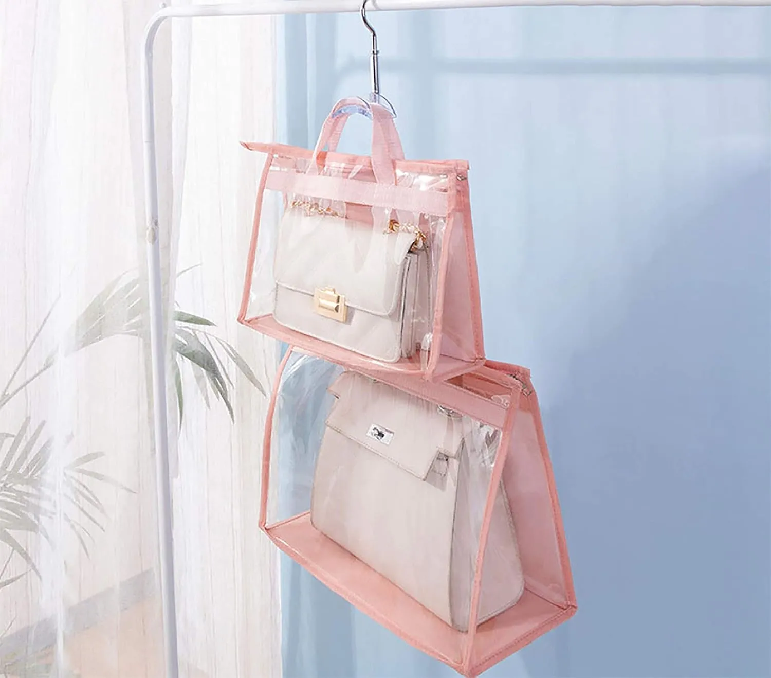 Vercord Clear PVC Handbag Dust-Free Cover Moistureproof Purse Storage Bag Organizer with Handle Zipper Space-Save Holder for Closet Pink XXL