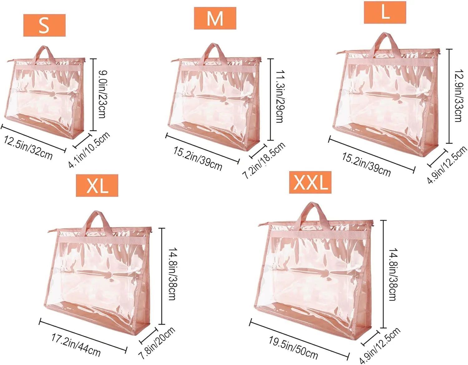 Vercord Clear PVC Handbag Dust-Free Cover Moistureproof Purse Storage Bag Organizer with Handle Zipper Space-Save Holder for Closet Pink XXL