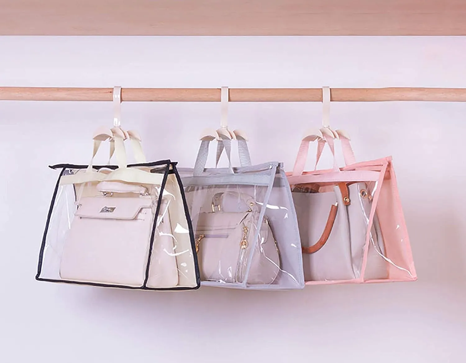 Vercord Clear PVC Handbag Dust-Free Cover Moistureproof Purse Storage Bag Organizer with Handle Zipper Space-Save Holder for Closet Pink XXL
