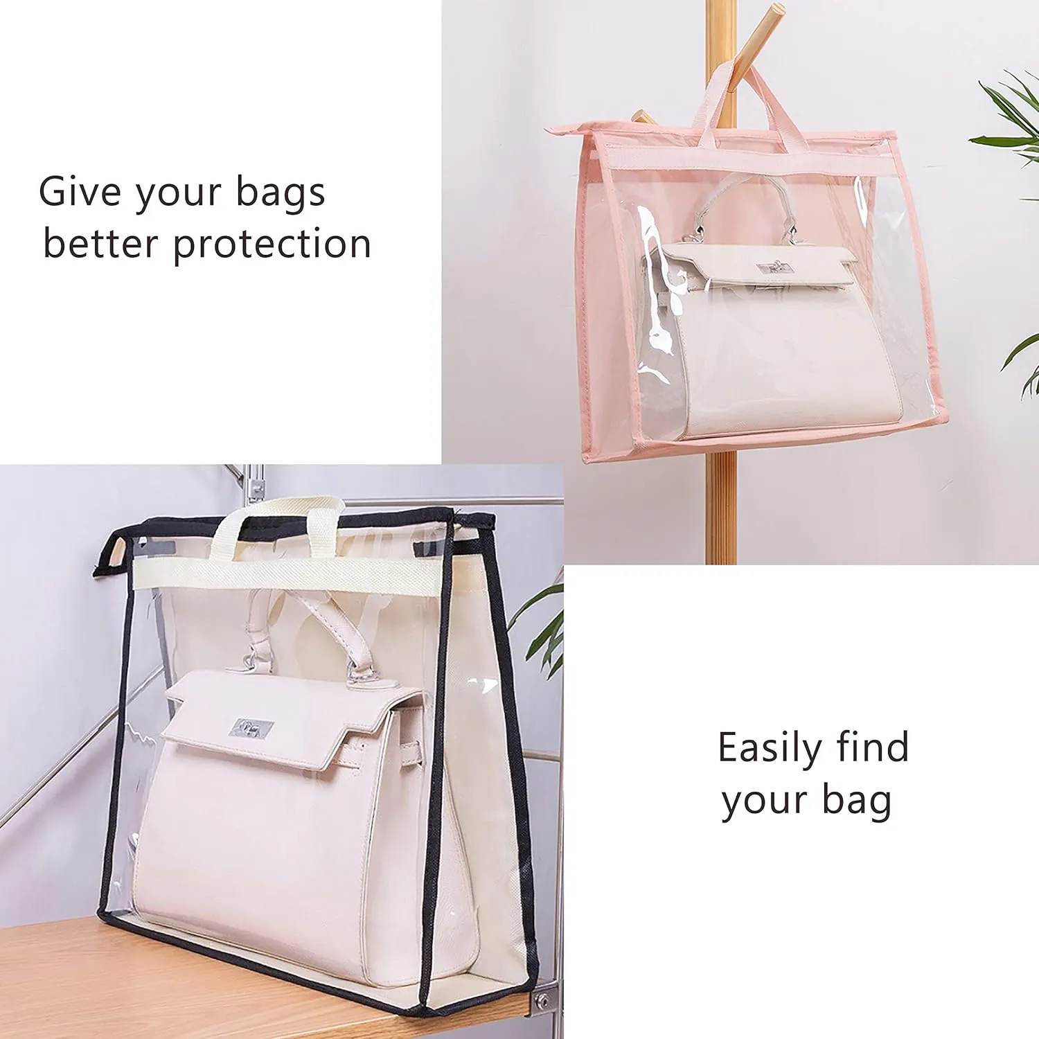 Vercord Clear PVC Handbag Dust-Free Cover Moistureproof Purse Storage Bag Organizer with Handle Zipper Space-Save Holder for Closet Pink XXL