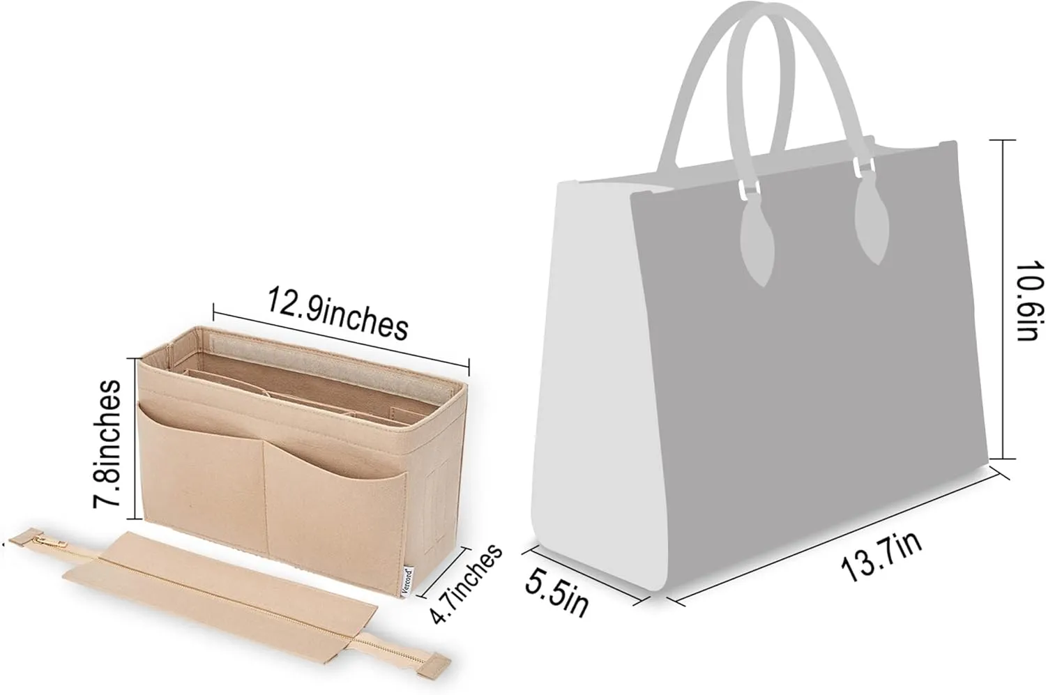 Vercord Felt Purse Organizer Insert Onthego 35 Handbag Tote Bag Organizer Bag in Bag with Removable Zipper