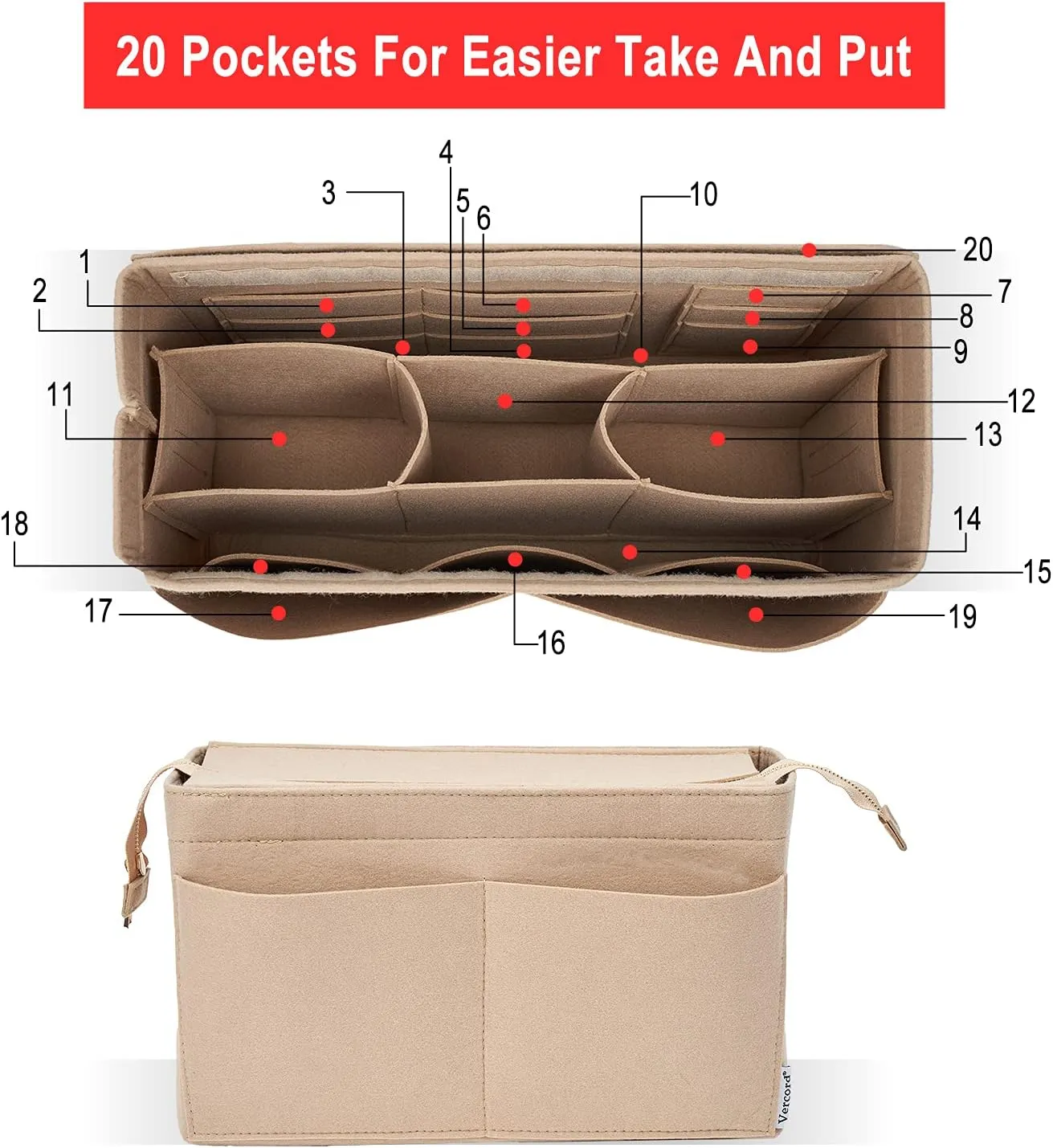 Vercord Felt Purse Organizer Insert Onthego 35 Handbag Tote Bag Organizer Bag in Bag with Removable Zipper