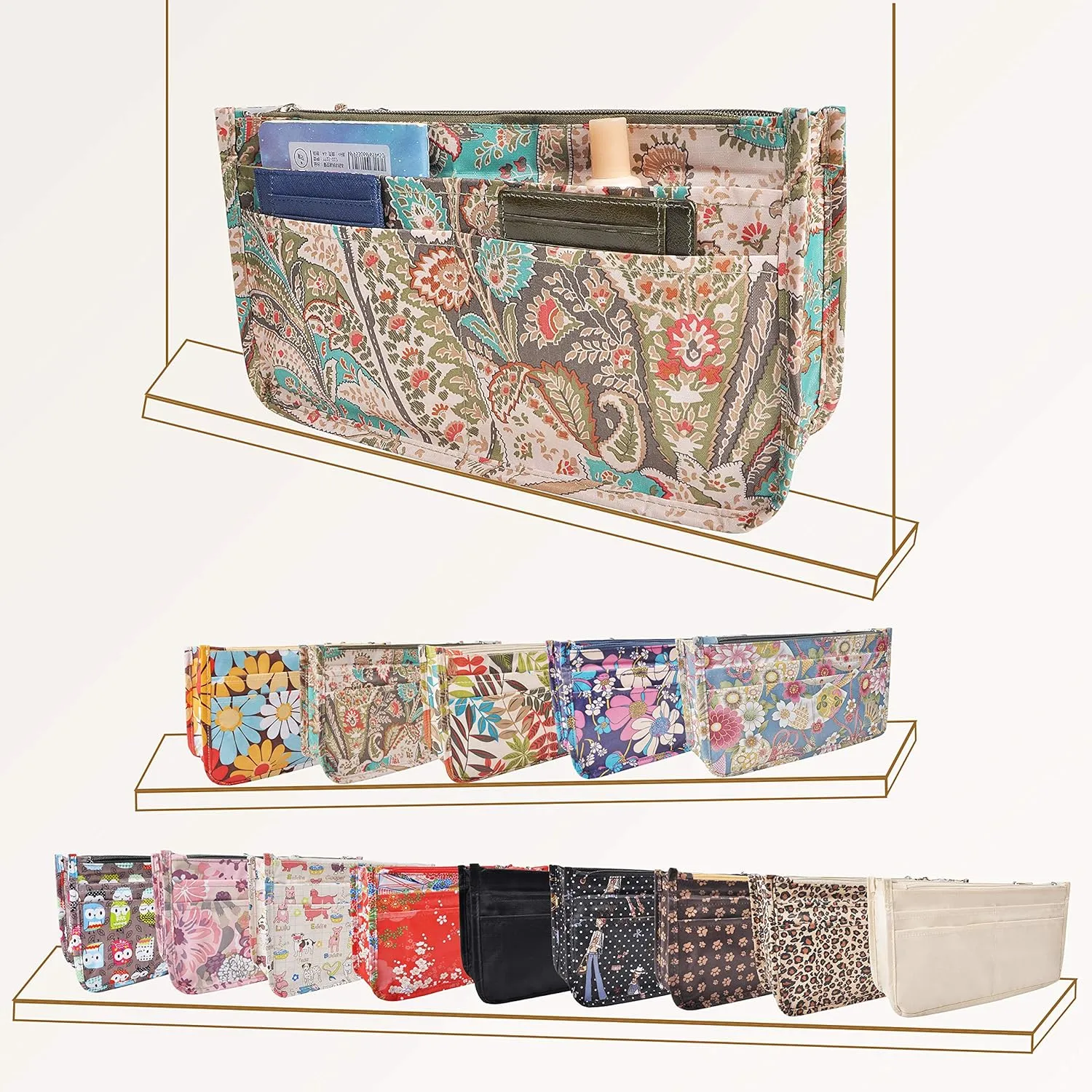 Vercord Patterned Purse Handbag Tote Pocketbook Bag Organizer Insert with Zipper Handle for Women Large Peacock Flower
