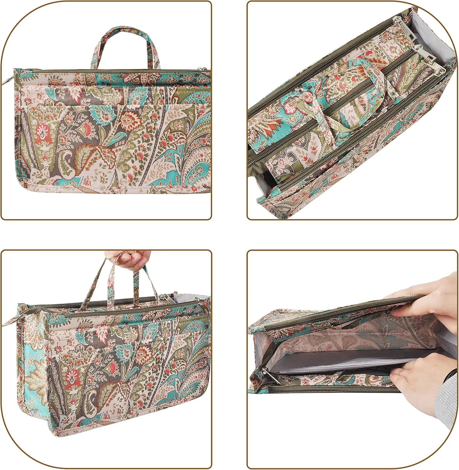 Vercord Patterned Purse Handbag Tote Pocketbook Bag Organizer Insert with Zipper Handle for Women Large Peacock Flower