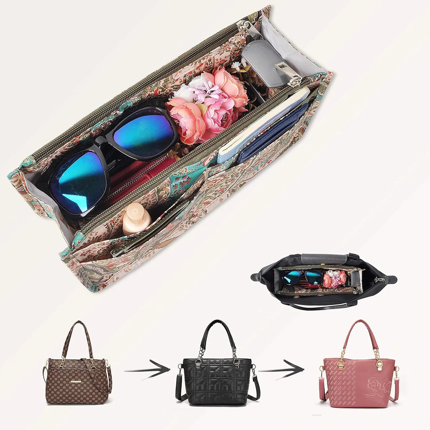 Vercord Patterned Purse Handbag Tote Pocketbook Bag Organizer Insert with Zipper Handle for Women Large Peacock Flower
