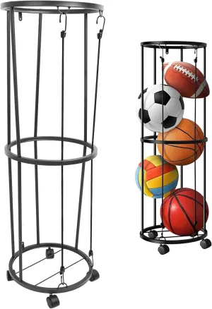 Vertical Ball Storage Rack, Garage Sports Equipment Organizer, Rolling Basketball Holder, Metal Lockable Ball Organizer, Garage Sports Ball Storage for Garage, Gym, or Playroom