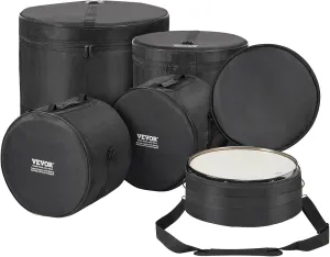 VEVOR 5-Piece Set 1680D Oxford Fabric, Padded Drum Bags and Cases with 4.92 ft Detachable Shoulder Strap Carry Handles Foldable Design, for 22'' Kick 12' 13' 16'' Tom 14'' Snare (JZGB-01A)