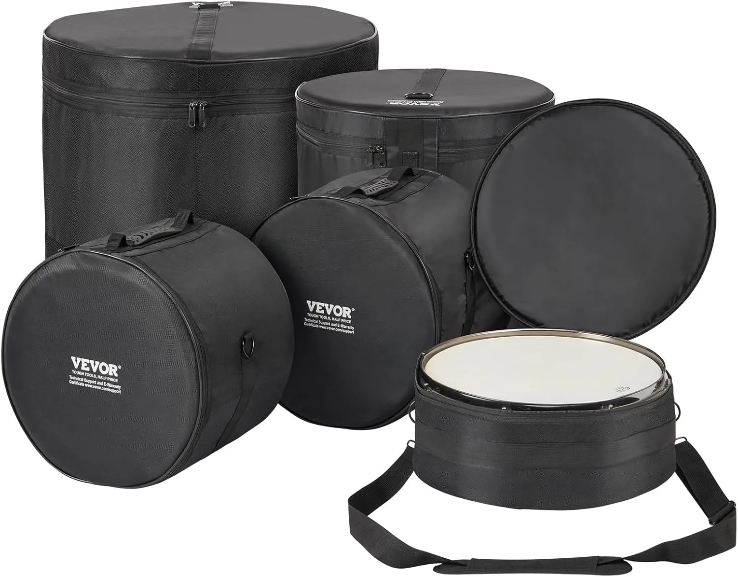 VEVOR 5-Piece Set 1680D Oxford Fabric, Padded Drum Bags and Cases with 4.92 ft Detachable Shoulder Strap Carry Handles Foldable Design, for 22'' Kick 12' 13' 16'' Tom 14'' Snare (JZGB-01A)