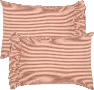 VHC Brands Sawyer Mill Ticking Striped Cotton Farmhouse Standard Bedding Accessory, Pillowcase Set 21x30, Red Country