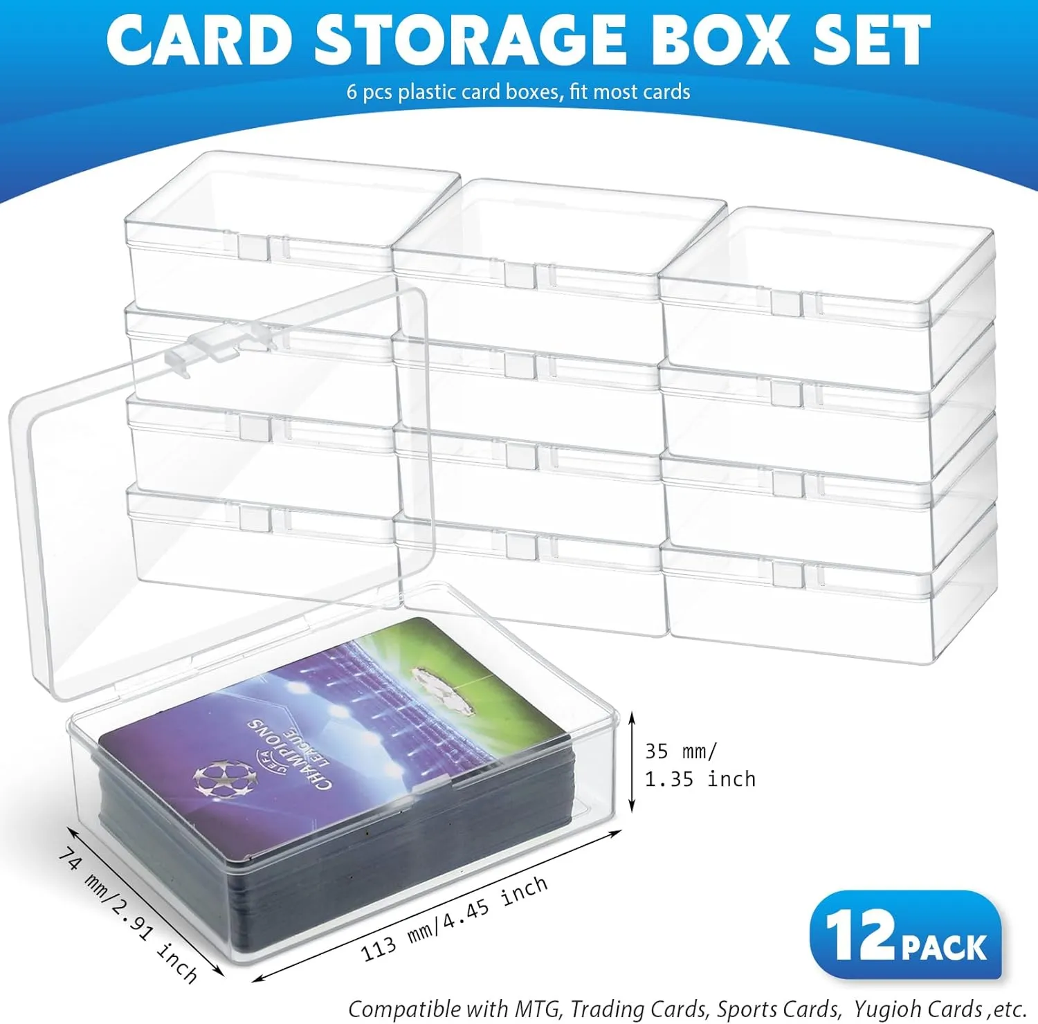 Vicenpal 12 Pcs Playing Card Boxes Clear Plastic Deck Cases Trading Card Storage Boxes Compatible with MTG TCG 100 Game Cases Holder 4.45 x 2.91 x 1.35 Inch
