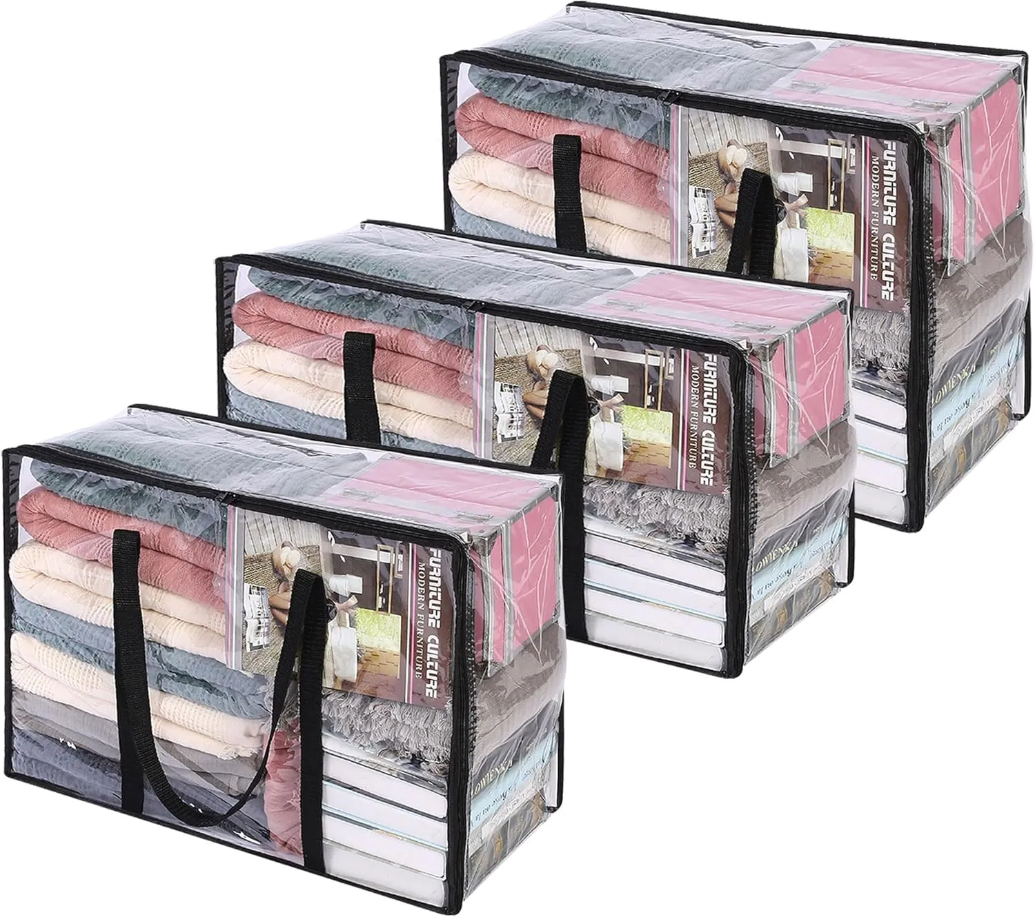 Vieshful 3 Pack Clear Comforter Storage Bag, Clothes Storage Bag with Zipper Closet Organizer, Plastic Storage Containers Moving bags for Comforter, Blanket, Bedding, Duvet, Toys40L 60L 90L