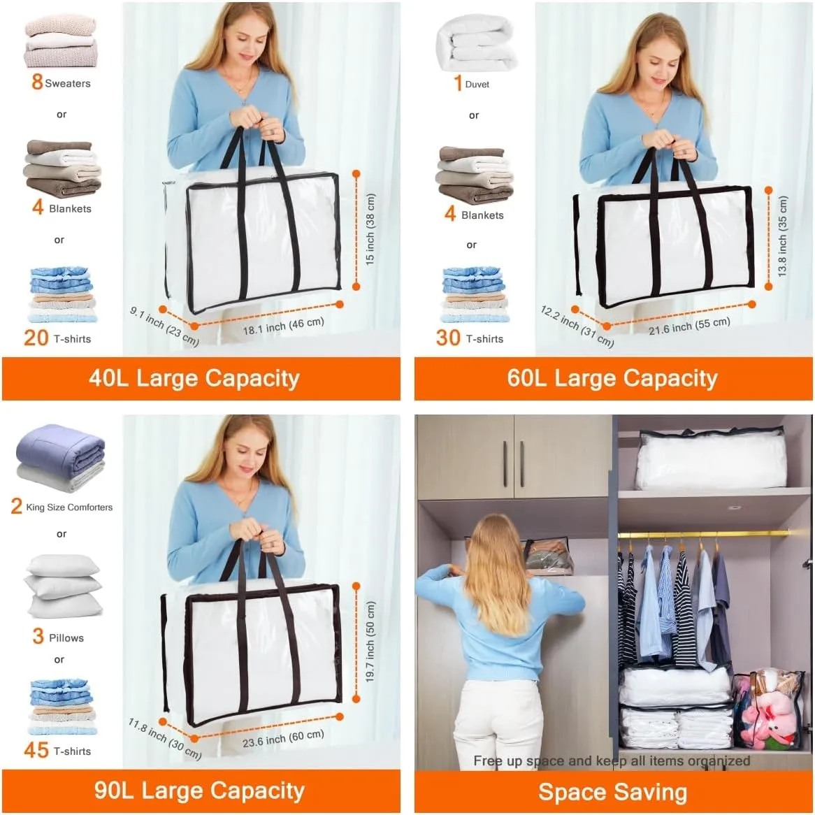 Vieshful 3 Pack Clear Comforter Storage Bag, Clothes Storage Bag with Zipper Closet Organizer, Plastic Storage Containers Moving bags for Comforter, Blanket, Bedding, Duvet, Toys40L 60L 90L