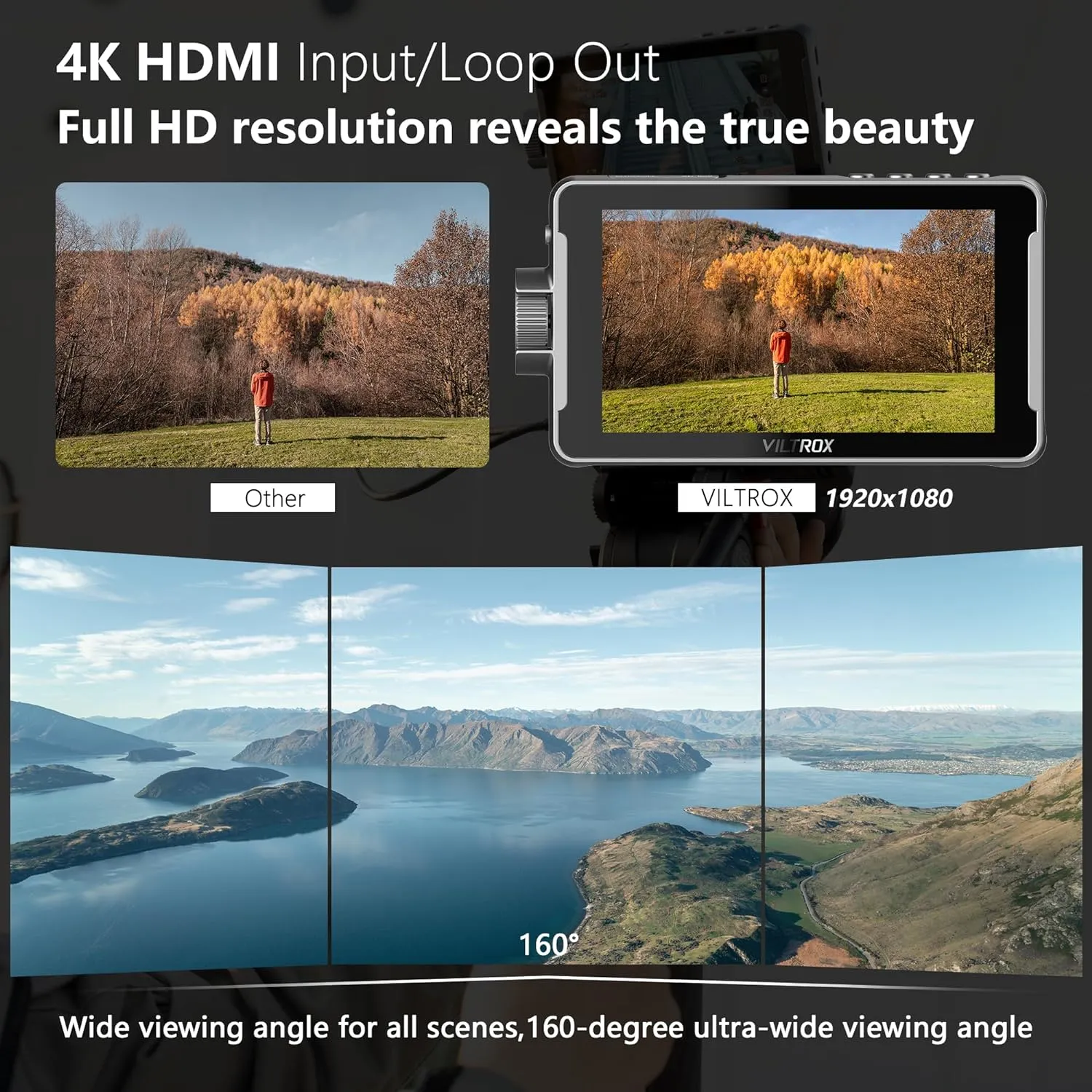 VILTROX DC-550 Touch Screen DSLR Camera Field Monitor 1200 Nits High-Bright 5.5 inch DSLR Camera Monitor with Sunshade Hood/Battery 3D LUT HDR 4K HDMI in and Out Exposure Focus Assist Waveform Monitor