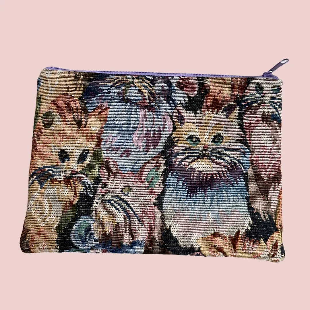 Vintage Cats Upholstery Fabric Flat Zipper Pouch