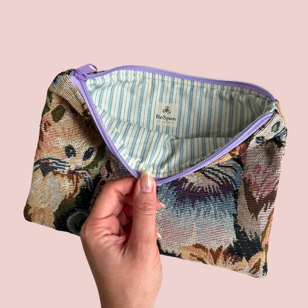 Vintage Cats Upholstery Fabric Flat Zipper Pouch