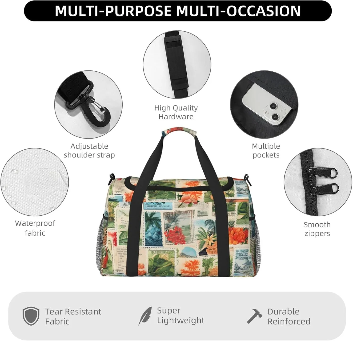 Vintage Stamps Plant Duffle Bag Foldable Travel Tote Bag Carry On Large Weekender Overnight Bags Waterproof Gym Bag For Women Men