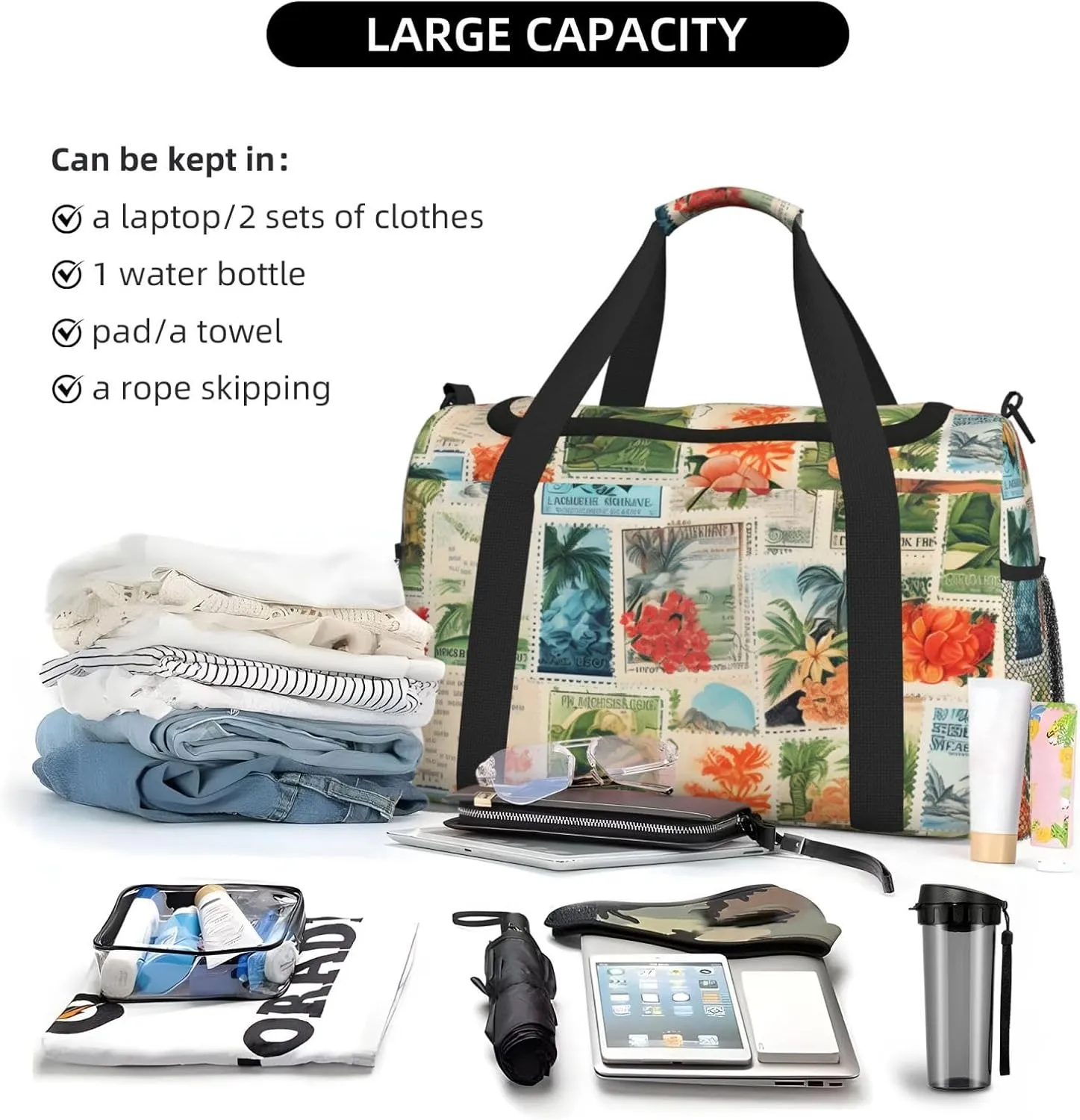 Vintage Stamps Plant Duffle Bag Foldable Travel Tote Bag Carry On Large Weekender Overnight Bags Waterproof Gym Bag For Women Men