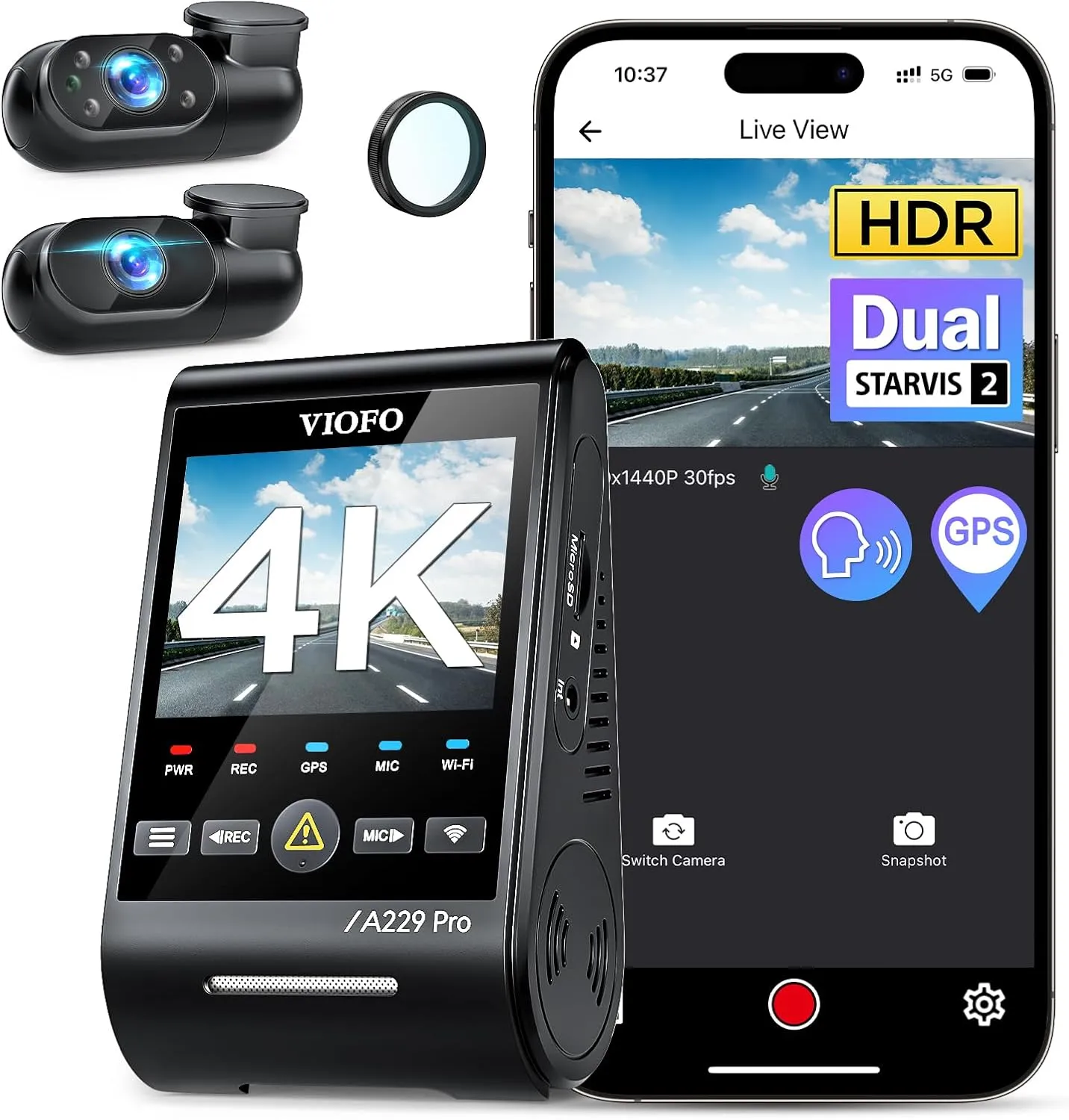 VIOFO A229 Pro 3 Channel 4K HDR Dash Cam, Dual STARVIS 2 Sensors IMX678 & IMX675, 4K 2K 1080P Front Inside and Rear Triple Car Camera, 5GHz WiFi GPS, Voice Control, 24H Parking Mode, Support 512GB