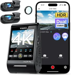 VIOFO A229 Pro 3 Channel 4K HDR Dash Cam, Dual STARVIS 2 Sensors IMX678 & IMX675, 4K 2K 1080P Front Inside and Rear Triple Car Camera, 5GHz WiFi GPS, Voice Control, 24H Parking Mode, Support 512GB