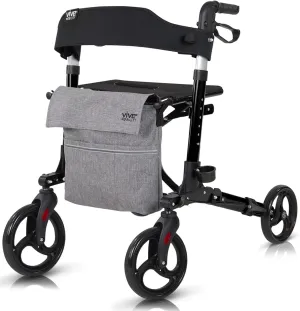 Vive Mobility Rollator Walker with Seat (Euro Style) - Heavy Duty, Medical, Large Wheels, Brakes - for Seniors, Adults - 4 Wheeled Rolling Lightweight Premium Folding Scooter Aid for Women (Black)