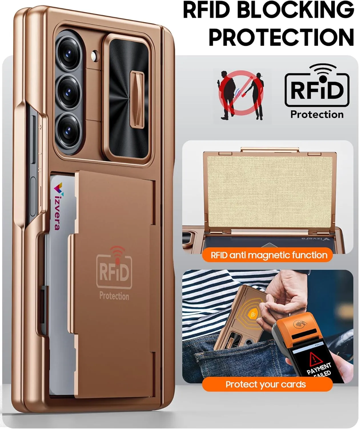 Vizvera for Samsung Galaxy Z Fold 6 Case RFID Wallet with Cards Holder [S Pen Holder] [Camera Cover] Shockproof Silicone Protective Phone Case for Z Fold 6 2024-Desert Gold