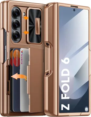 Vizvera for Samsung Galaxy Z Fold 6 Case RFID Wallet with Cards Holder [S Pen Holder] [Camera Cover] Shockproof Silicone Protective Phone Case for Z Fold 6 2024-Desert Gold