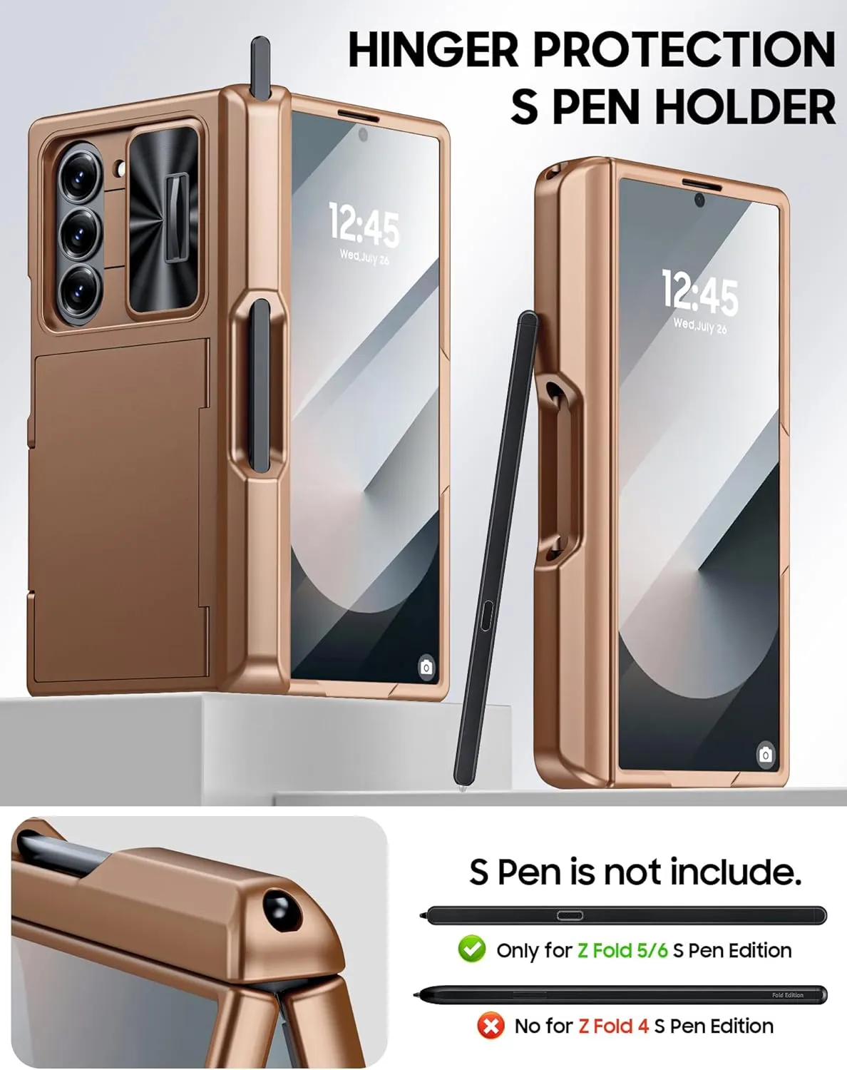 Vizvera for Samsung Galaxy Z Fold 6 Case RFID Wallet with Cards Holder [S Pen Holder] [Camera Cover] Shockproof Silicone Protective Phone Case for Z Fold 6 2024-Desert Gold