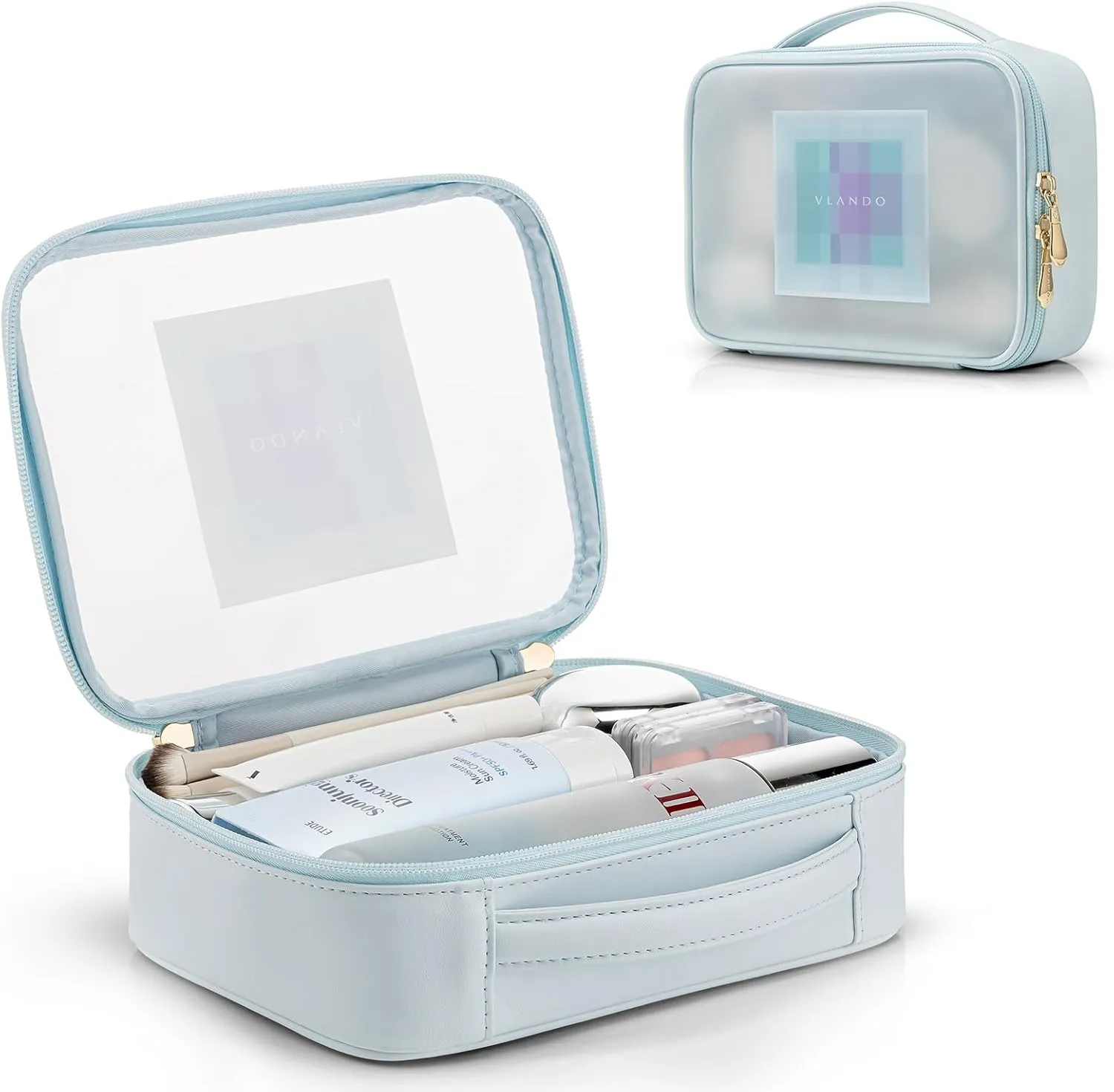 Vlando Travel Makeup Bag,Cute Makep Bag Teen Girl Gifts Trendy Stuff Clear Toiletry Bag for Women Graduation Gifts Birthday Gifts for Girls Make up Bag with Zipper and Handle Portable Makeup Case-Blue