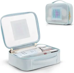 Vlando Travel Makeup Bag,Cute Makep Bag Teen Girl Gifts Trendy Stuff Clear Toiletry Bag for Women Graduation Gifts Birthday Gifts for Girls Make up Bag with Zipper and Handle Portable Makeup Case-Blue