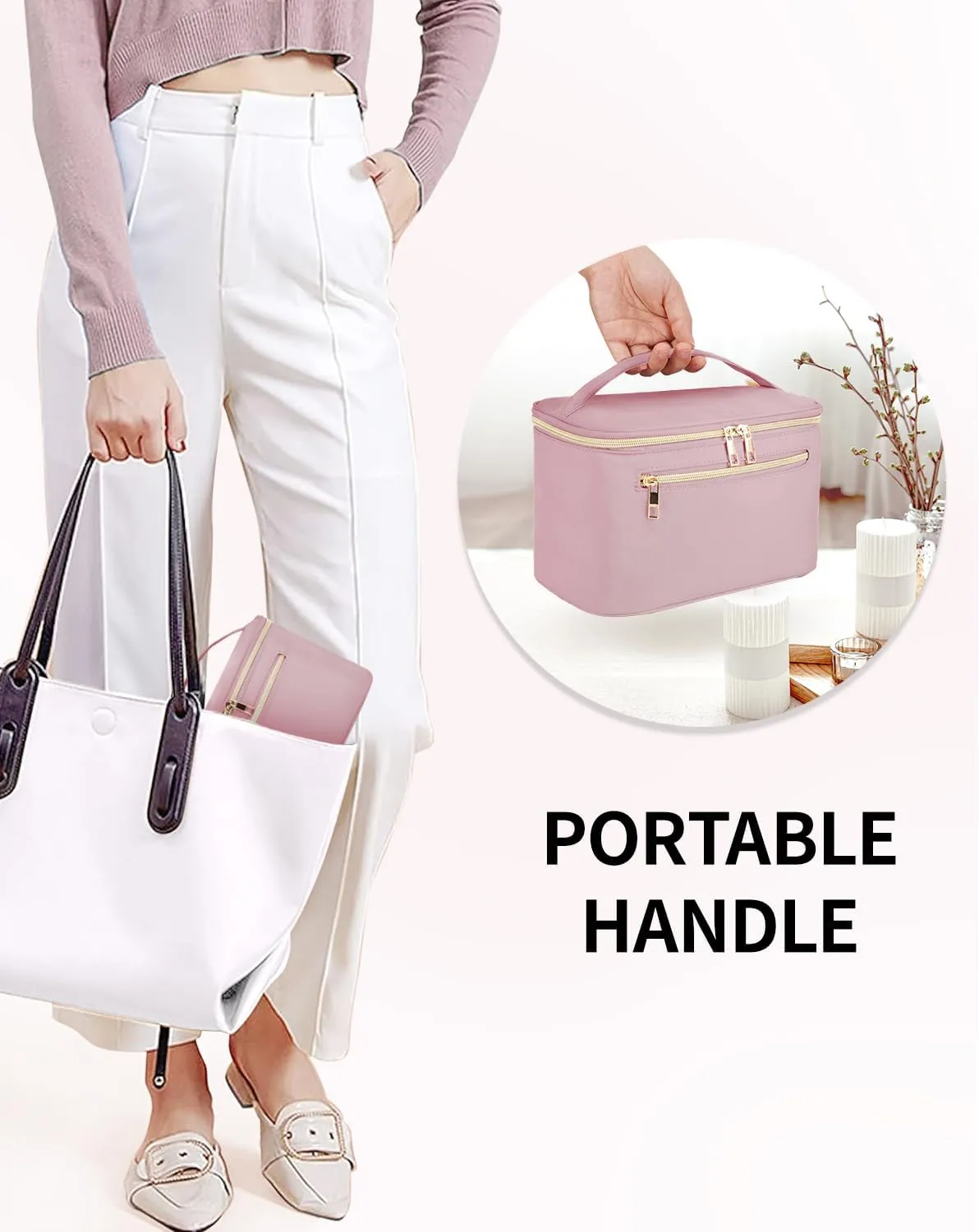 Wandering Nature Large Makeup Bag, Travel Make Up Organizer Cosmetic Brush Bags Case for Women in in Fabric,Pink,Patent Pending
