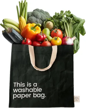 Washable Paper Bag - Eco-Statement Tote Bag for Grocery or Work - Replaces Single-Use Bags - Lightweight & Durable Travel Tote by New Earth, Black