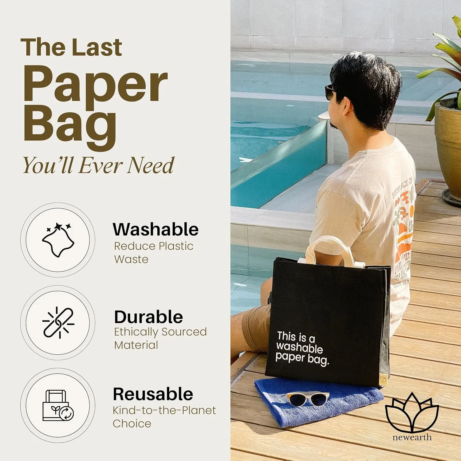 Washable Paper Bag - Eco-Statement Tote Bag for Grocery or Work - Replaces Single-Use Bags - Lightweight & Durable Travel Tote by New Earth, Black