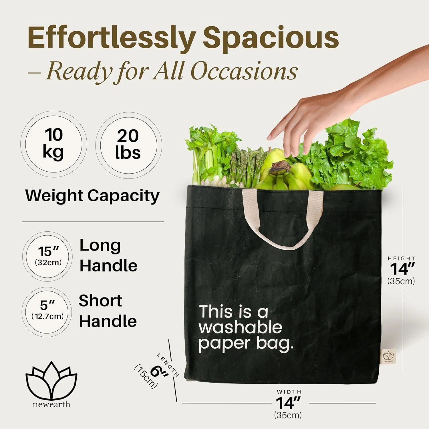 Washable Paper Bag - Eco-Statement Tote Bag for Grocery or Work - Replaces Single-Use Bags - Lightweight & Durable Travel Tote by New Earth, Black