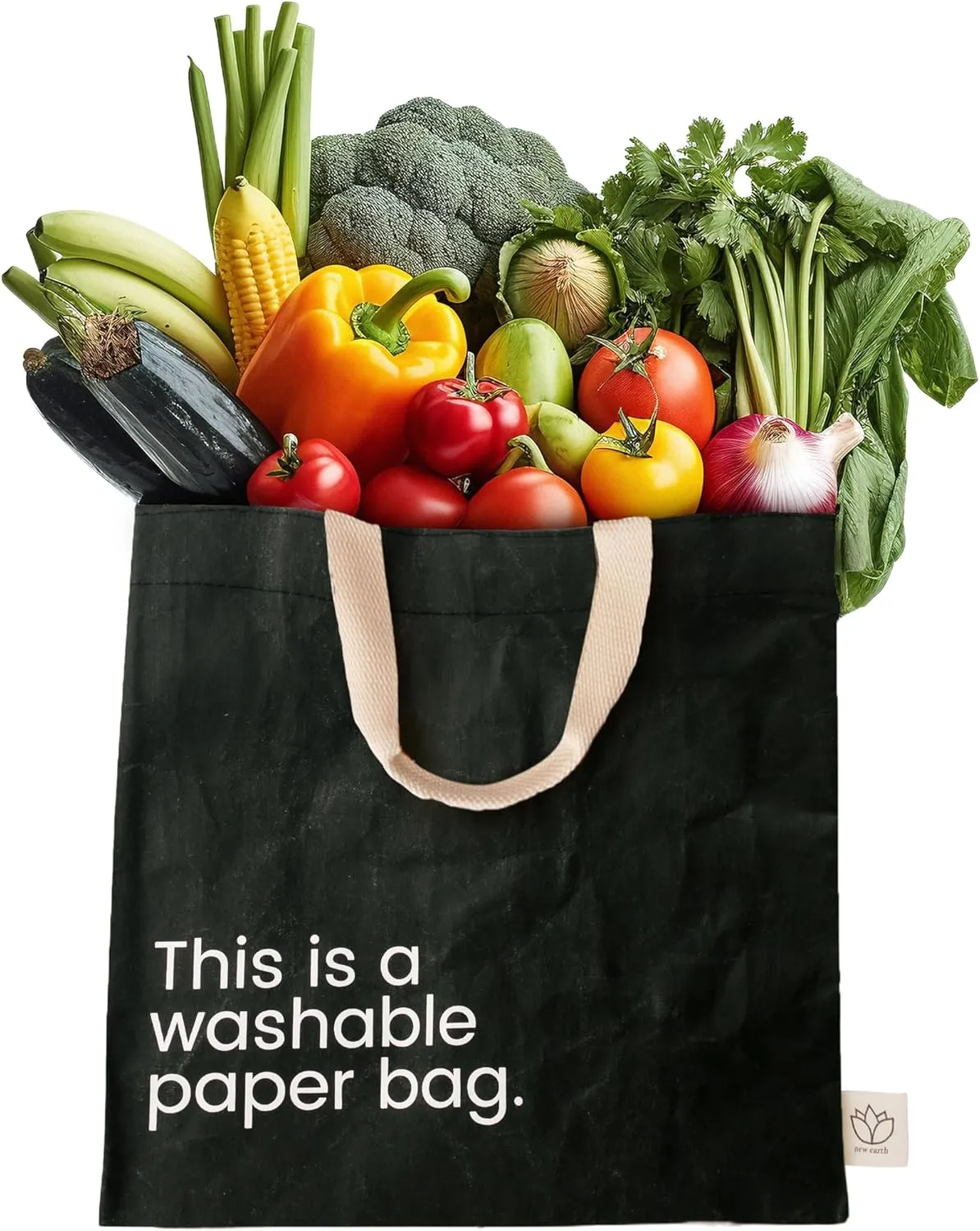 Washable Paper Bag - Eco-Statement Tote Bag for Grocery or Work - Replaces Single-Use Bags - Lightweight & Durable Travel Tote by New Earth, Black