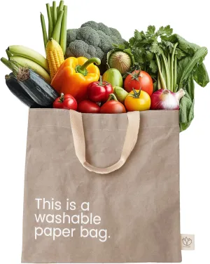 Washable Paper Bag - Eco-Statement Tote Bag for Grocery or Work - Replaces Single-Use Bags - Lightweight & Durable Travel Tote by New Earth, Grey