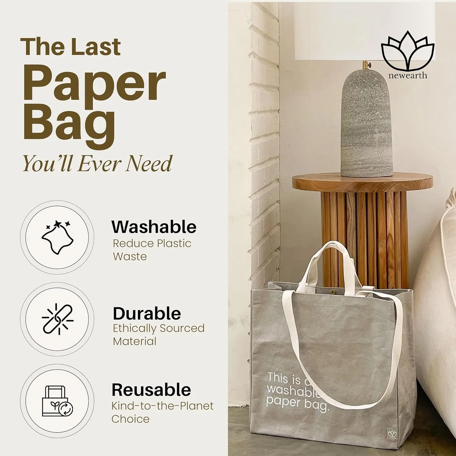 Washable Paper Bag - Eco-Statement Tote Bag for Grocery or Work - Replaces Single-Use Bags - Lightweight & Durable Travel Tote by New Earth, Grey