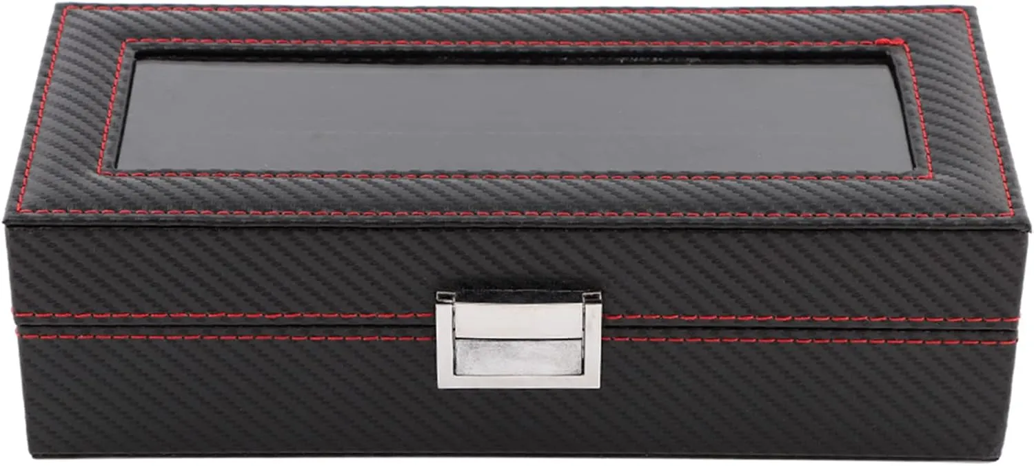 Watch and Jewelry Organizer Carbon Fiber with Ribbed Red Line Edge Style Holds up to 6 Watches Transparent and Visible Practical and Attractive