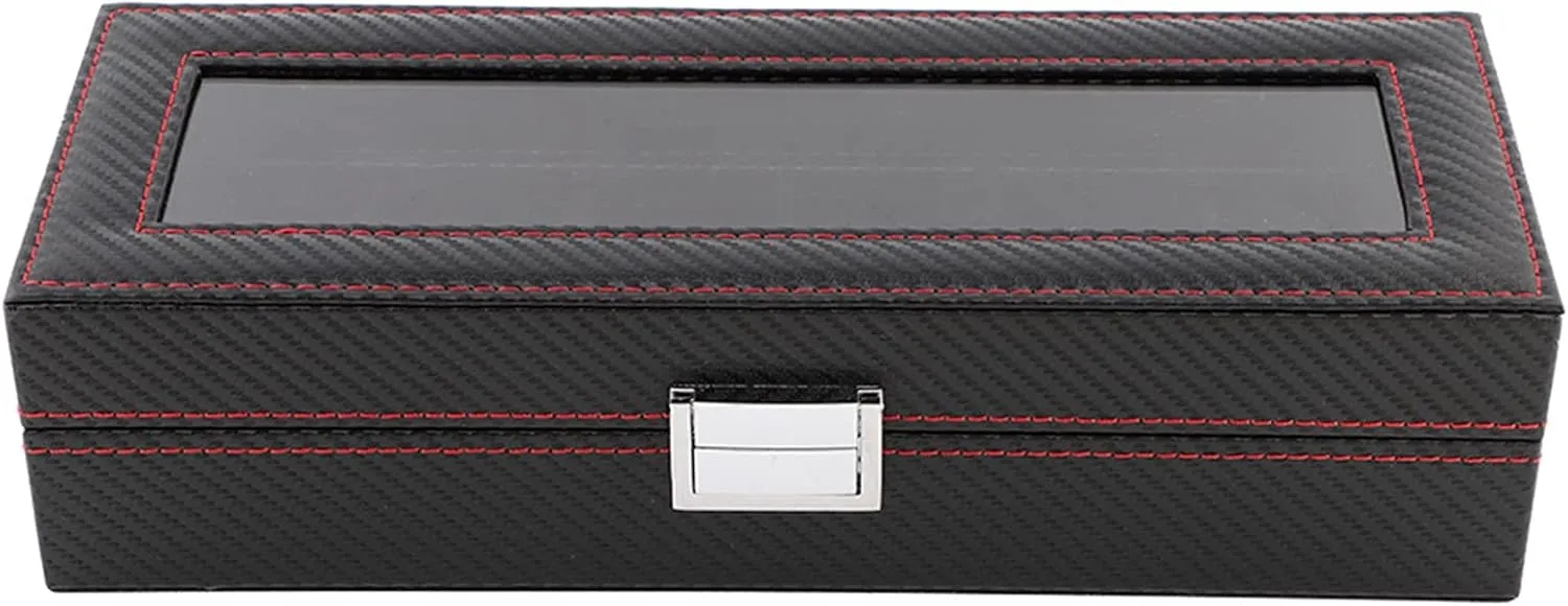 Watch and Jewelry Organizer Carbon Fiber with Ribbed Red Line Edge Styles Holds 6 Watches Jewelry Ring Box Transparent Viewing