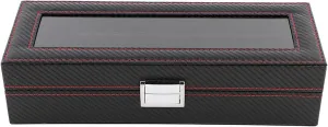Watch and Jewelry Organizer Carbon Fiber with Ribbed Red Line Edge Styles Holds 6 Watches Jewelry Ring Box Transparent Viewing